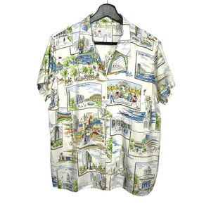 New York City Tourist Attractions Print Short Sleeve Button Up Top Large